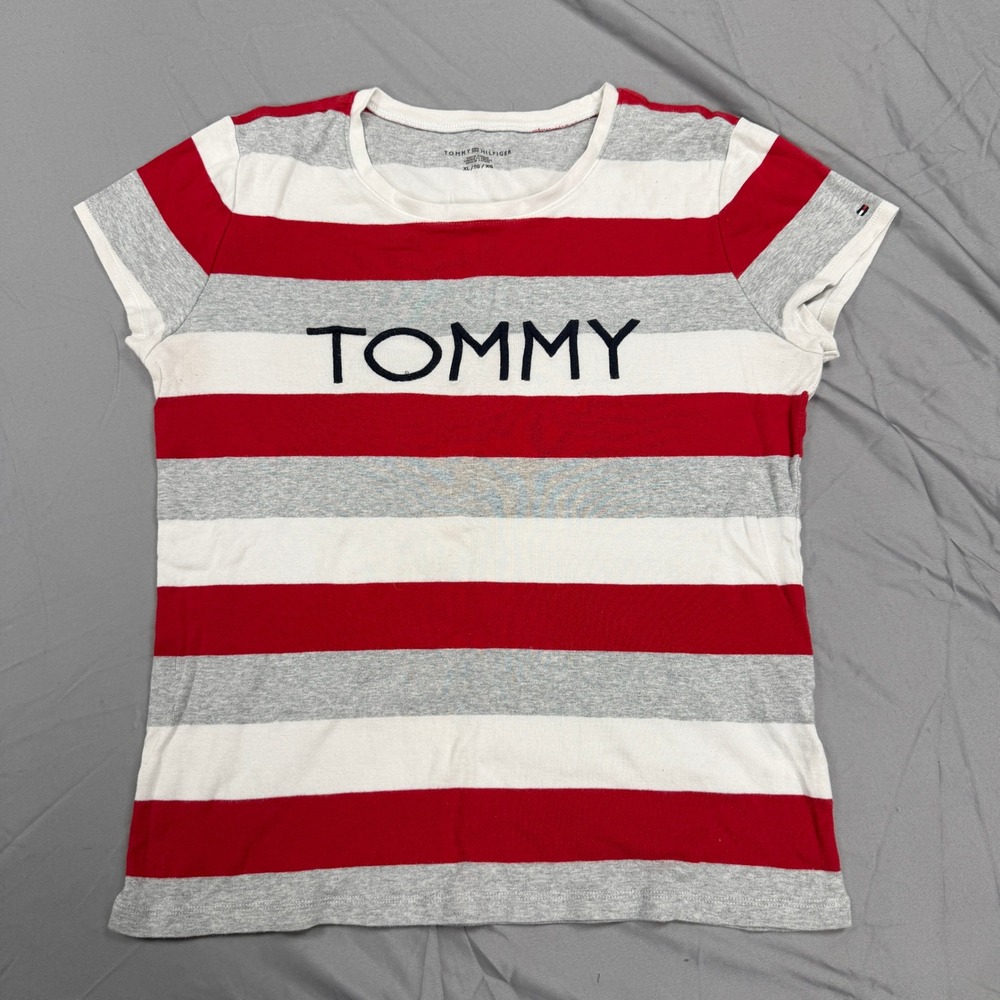 Tommy Hilfiger Red White Gray Striped Short Sleeve Tee